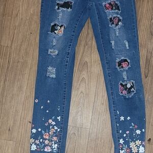 Blue Floral Patch & Distressed Women's Jeans